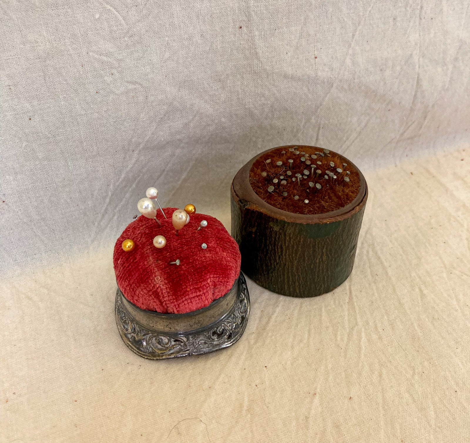 Set of 2 Pin Cushions, Wood with Horsehair and Silver Plate with Velvet