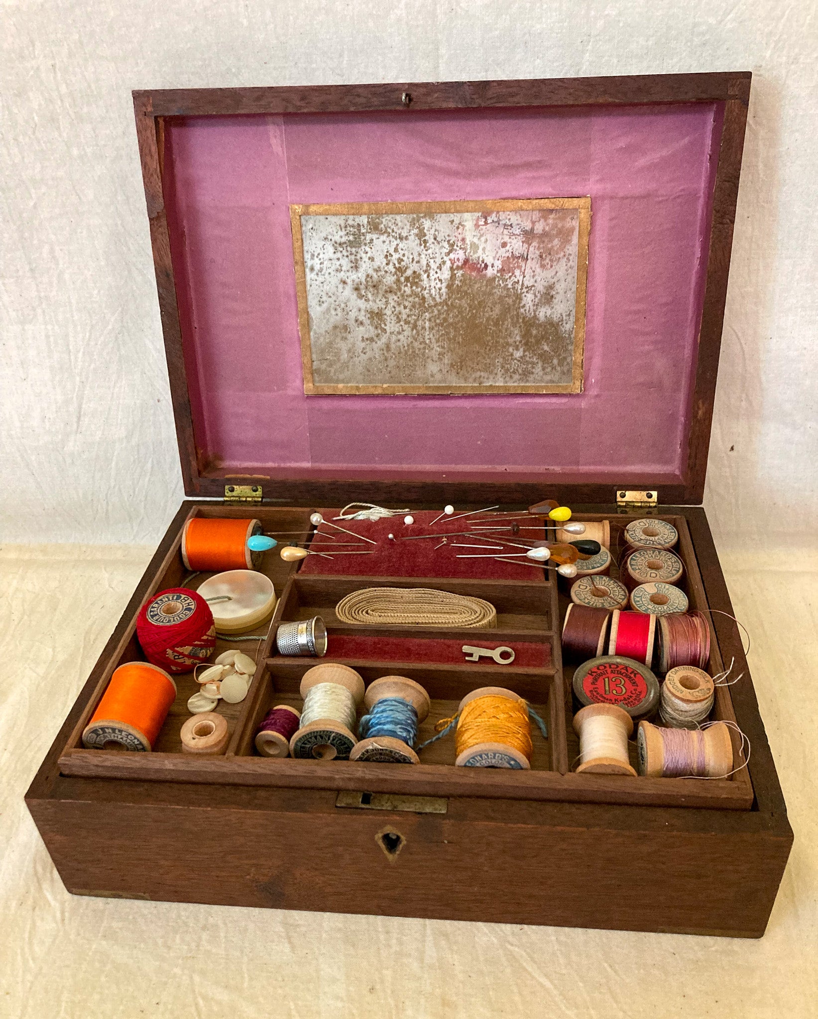 Vintage Sewing Box with Contents!  Sterling Thimble, Silks, Mother of Pearl Buttons and More!