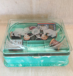 Mid Century Sewing Box with Kittens(!) Motif Includes Contents