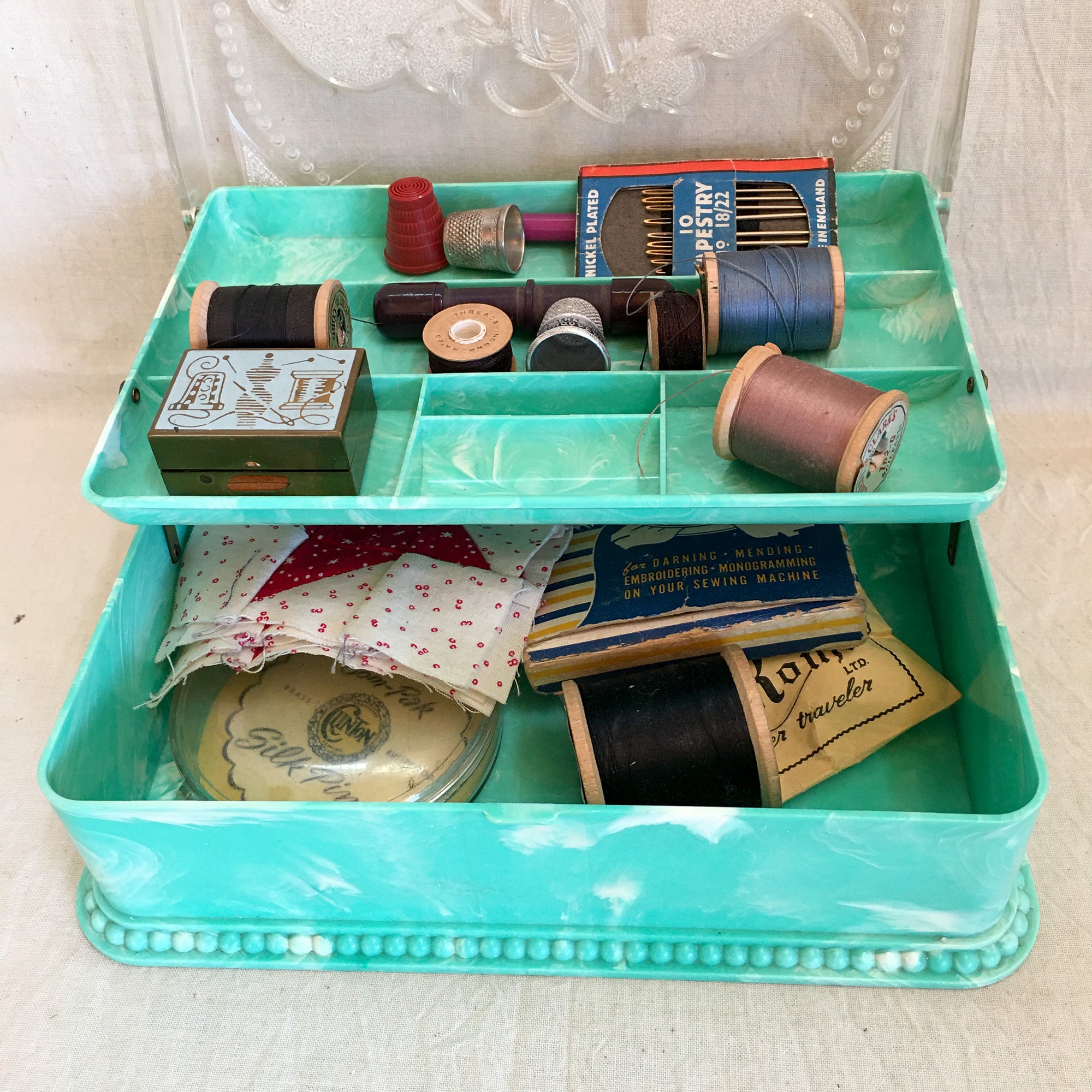 Mid Century Sewing Box with Kittens(!) Motif Includes Contents