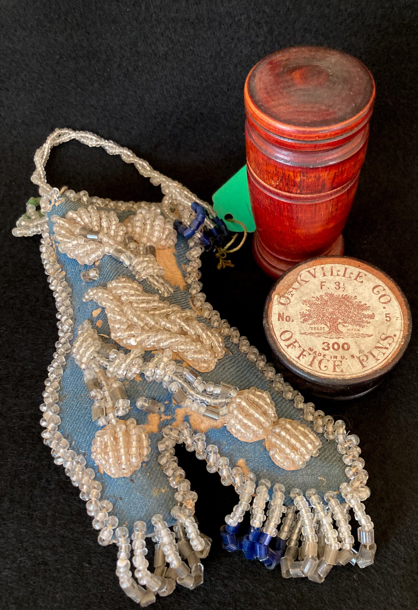 1800’s Pin Trio!  1890 – 1900 Beaded Pin Cushion, Treenwware Pin Holder with Lid, Treenware Office Pins Container