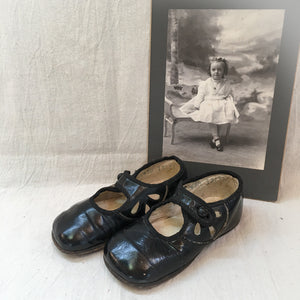 1910’s Fancy Patent Leather Baby Shoes with Straps and Buttons