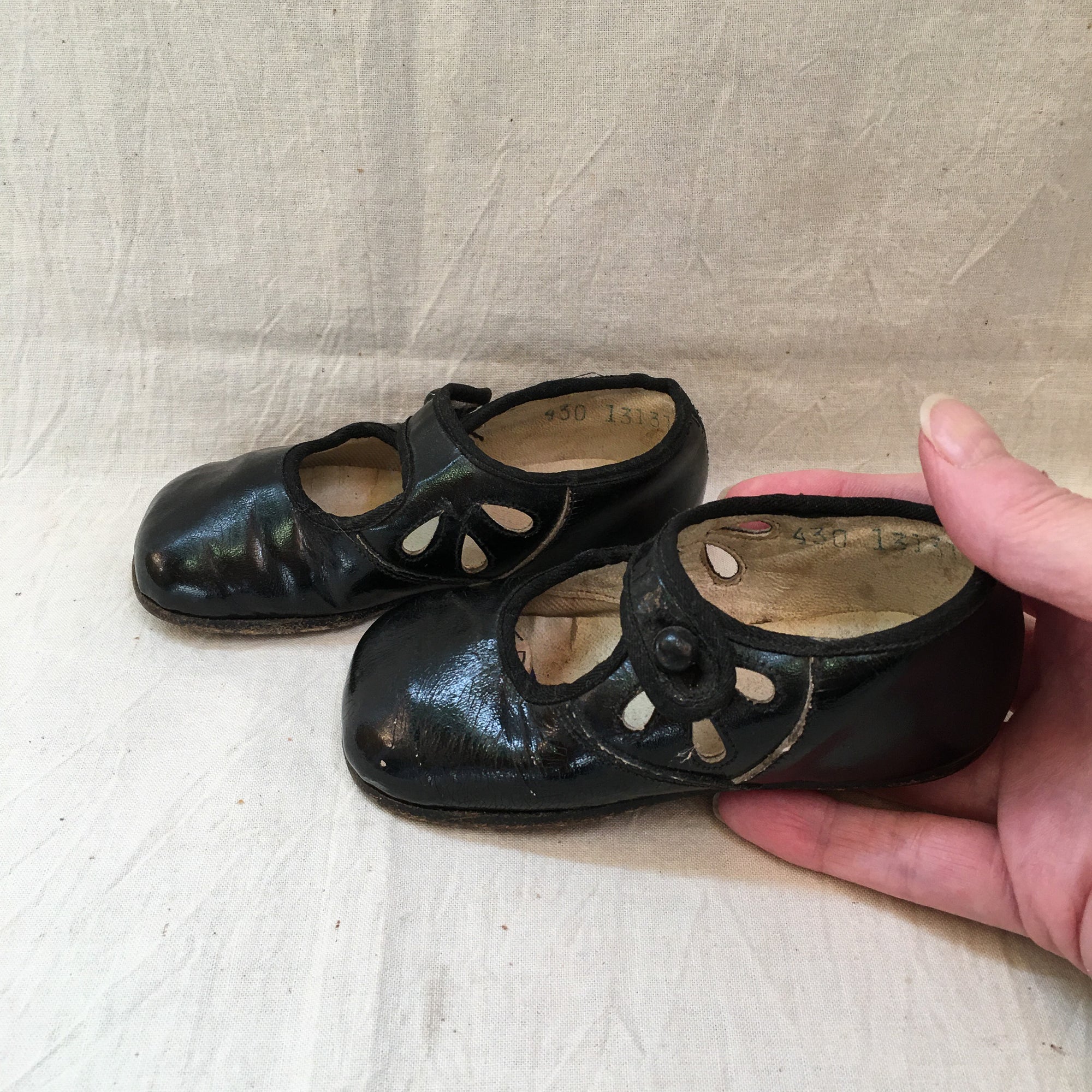 1910’s Fancy Patent Leather Baby Shoes with Straps and Buttons