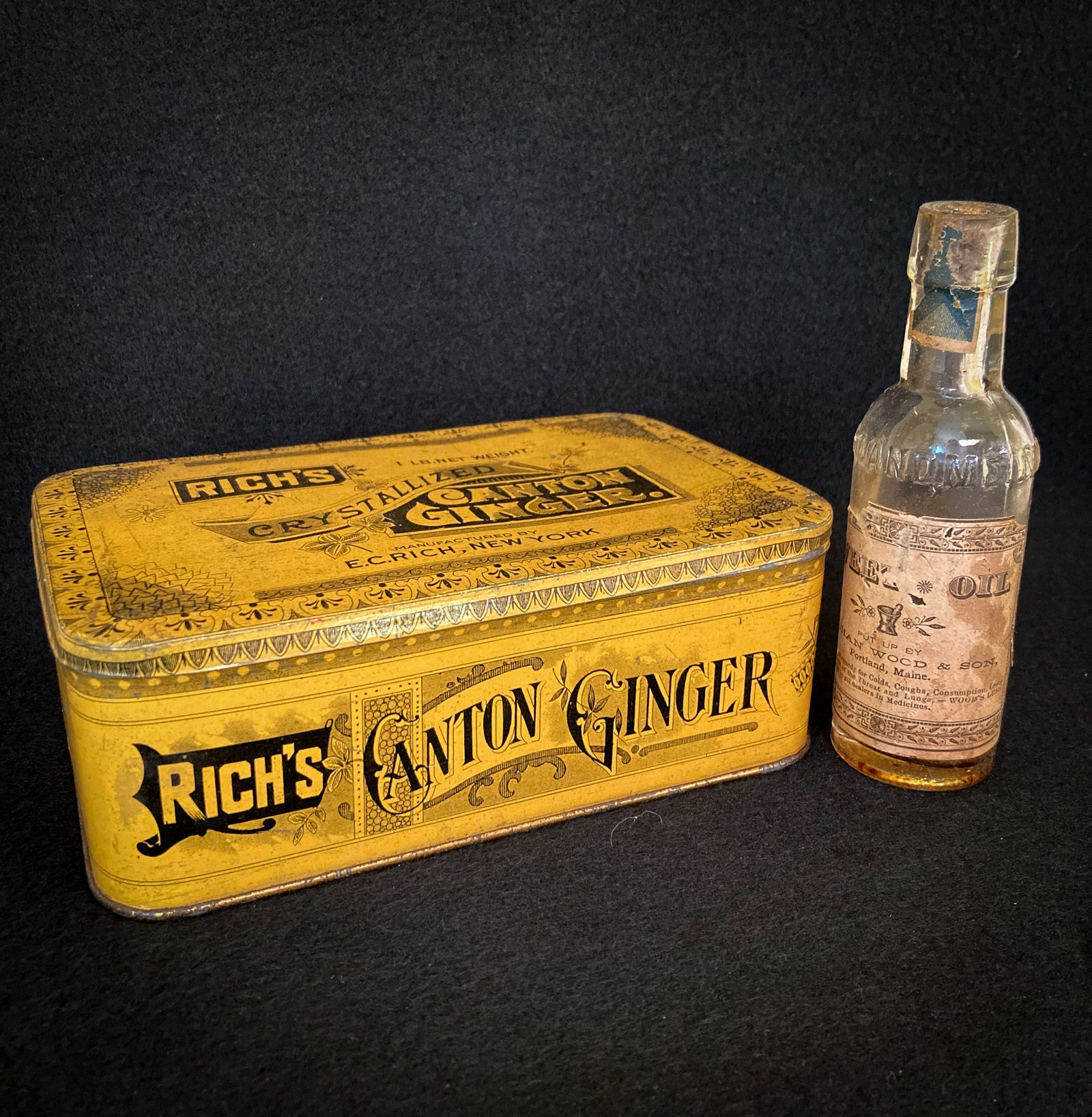 1800’s Remedies:  Sweet Oil Bottle and Rich’s Canton Ginger Tin
