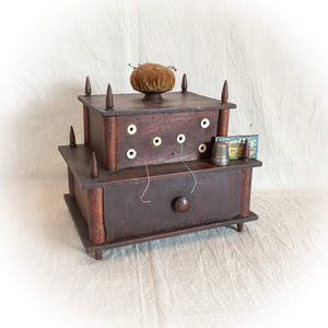 Victorian Era 2 Tier Sewing Box with Original Pin Cushion