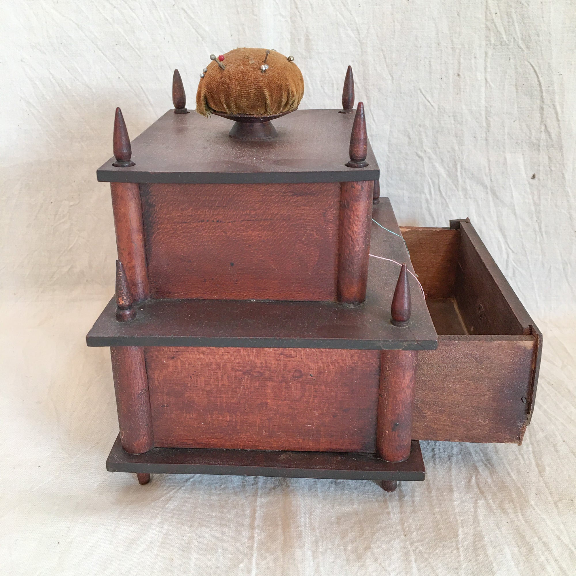 Victorian Era 2 Tier Sewing Box with Original Pin Cushion