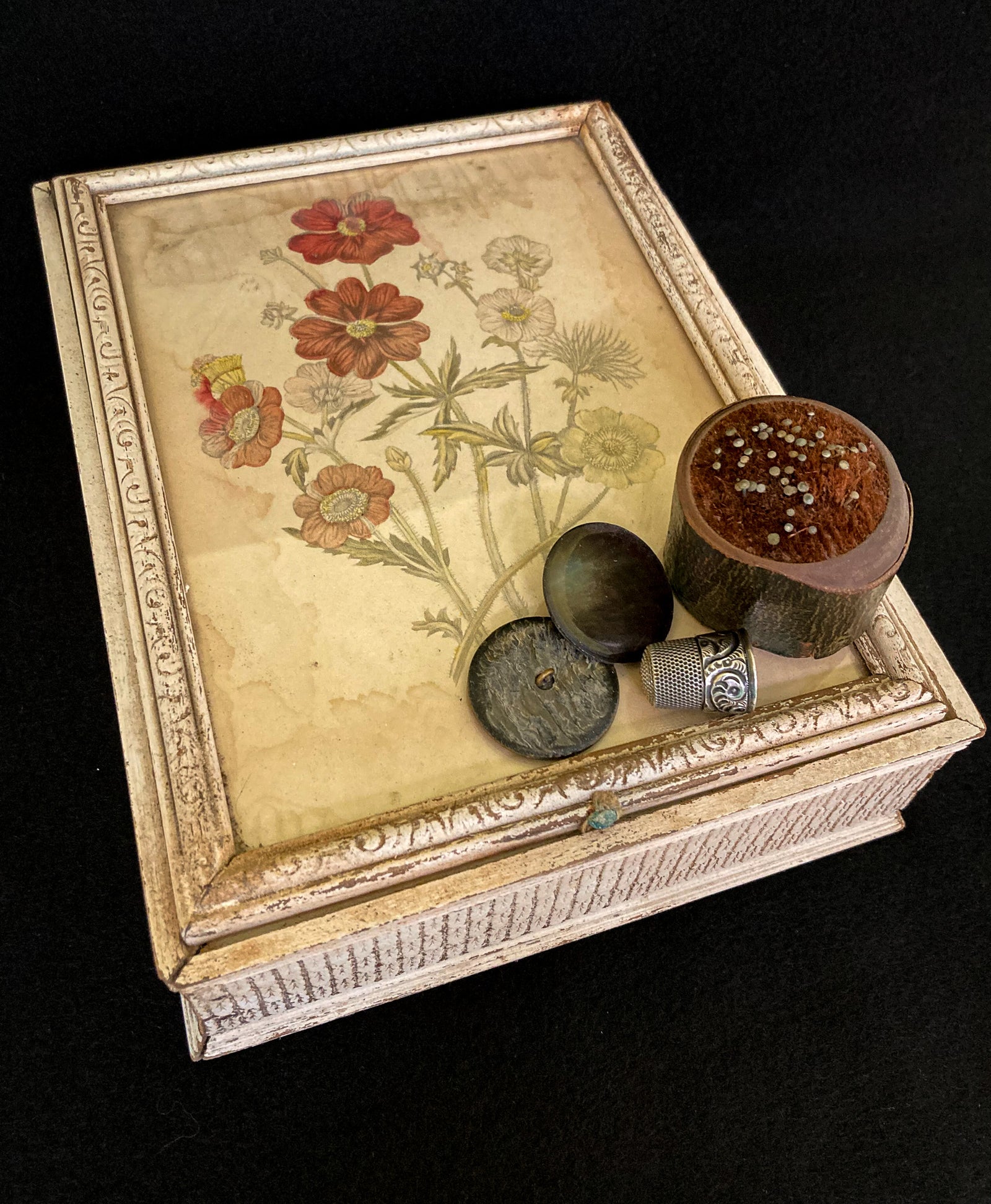 Mid 1800’s Jewelry/Sewing Box with Contents, Mostly for Mourning Dress