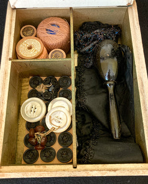 Mid 1800’s Jewelry/Sewing Box with Contents, Mostly for Mourning Dress