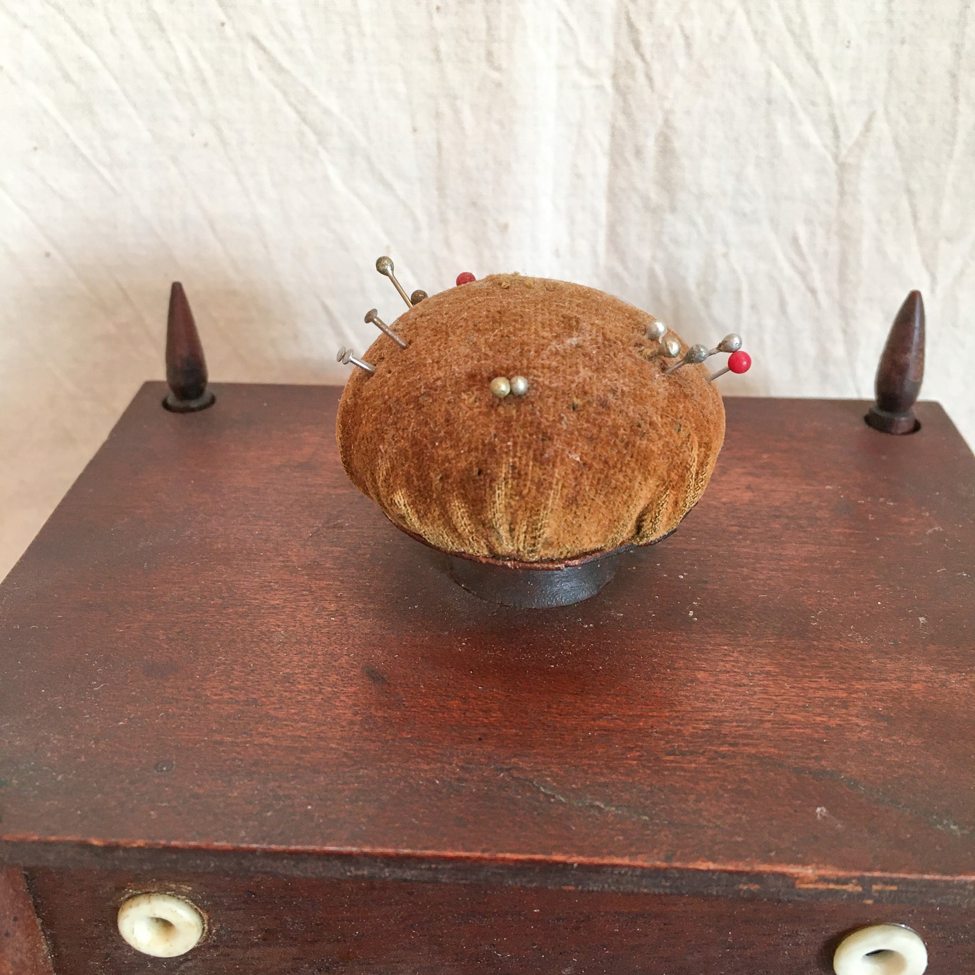 Victorian Era 2 Tier Sewing Box with Original Pin Cushion