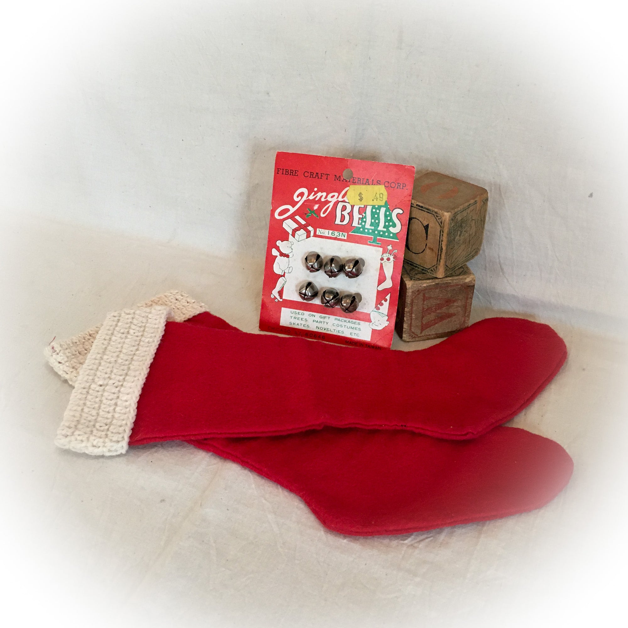 Vintage Hand Stitched Flannel Christmas Stockings and Vintage Jingle Bells!