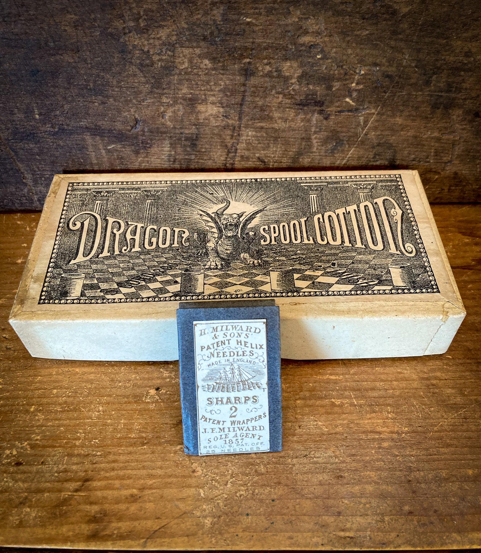 1880 – 1890 Dragon Spool Cotton, New in Original Box and H. Milward Needles, New in Original Package