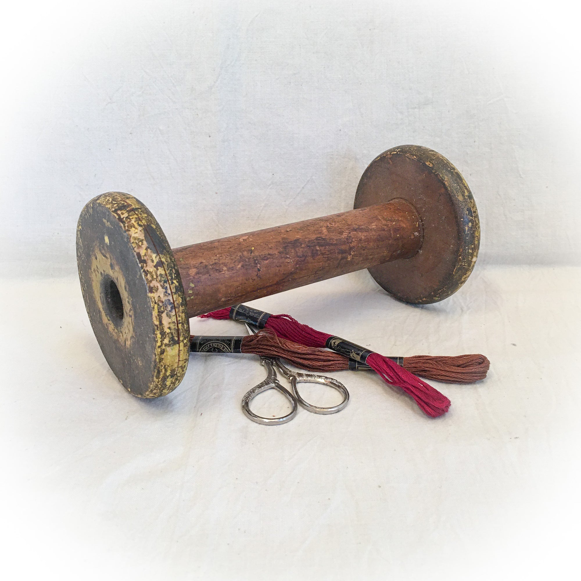 Wooden Spool with Original Mustard Paint on Ends, 7.5” long