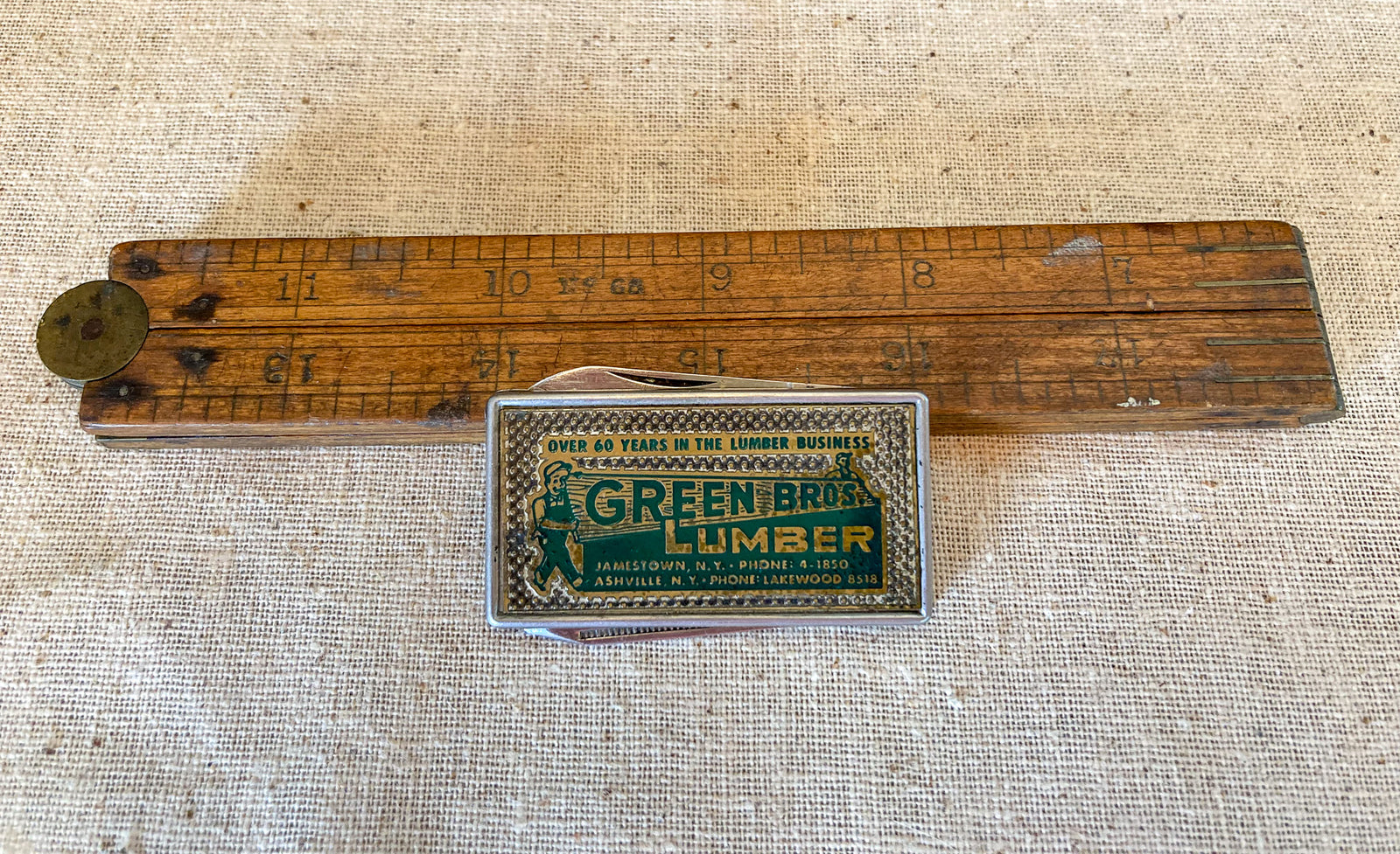 Antique Stanley Boxwood and Brass No. 68 Folding Wooden Rule, 24 Inch with 1930’s – 1940’s Green Bros. Lumber Money Clip and Jack Knife