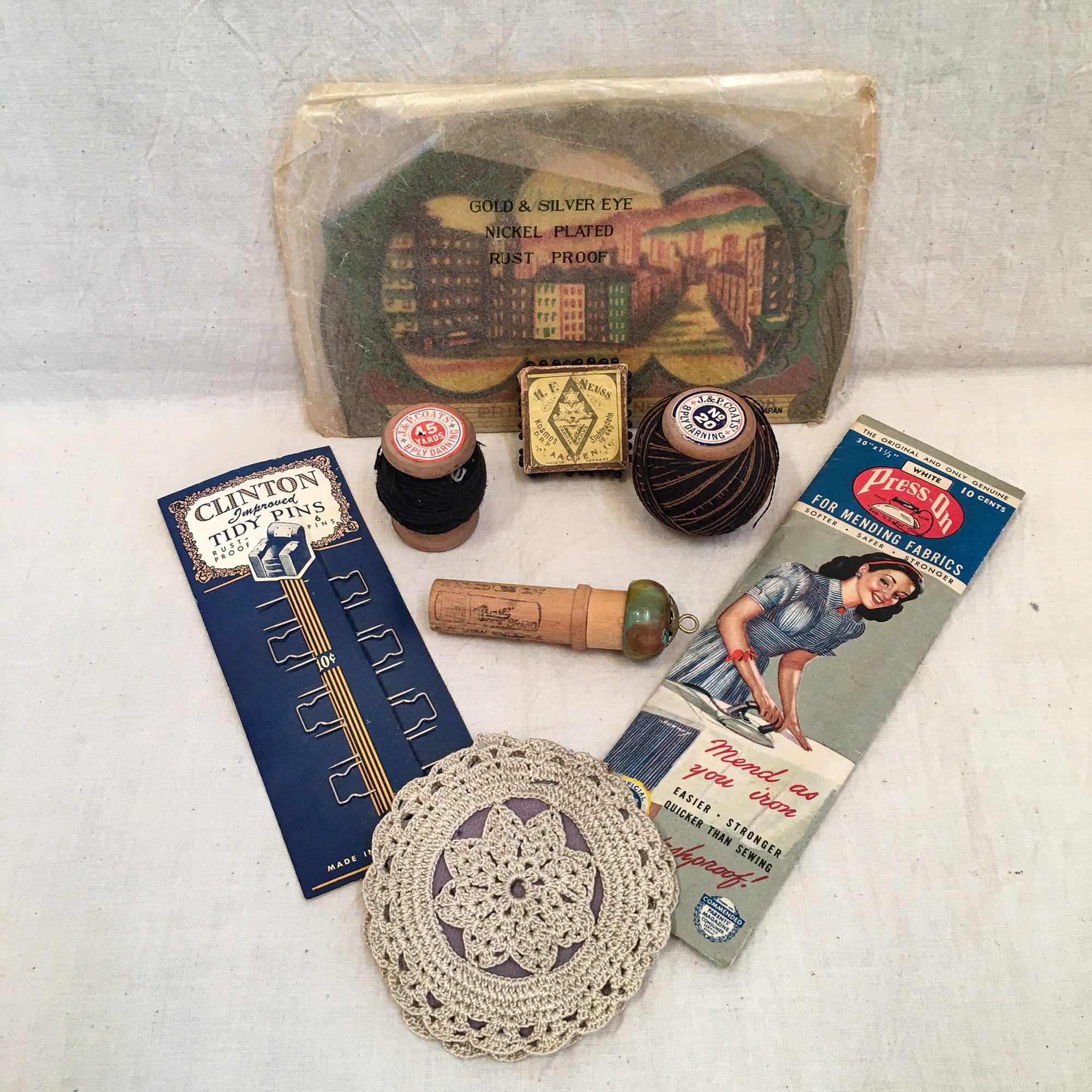 Assortment of Vintage Sewing Goodies in Nautical Themed Lang Gift Box