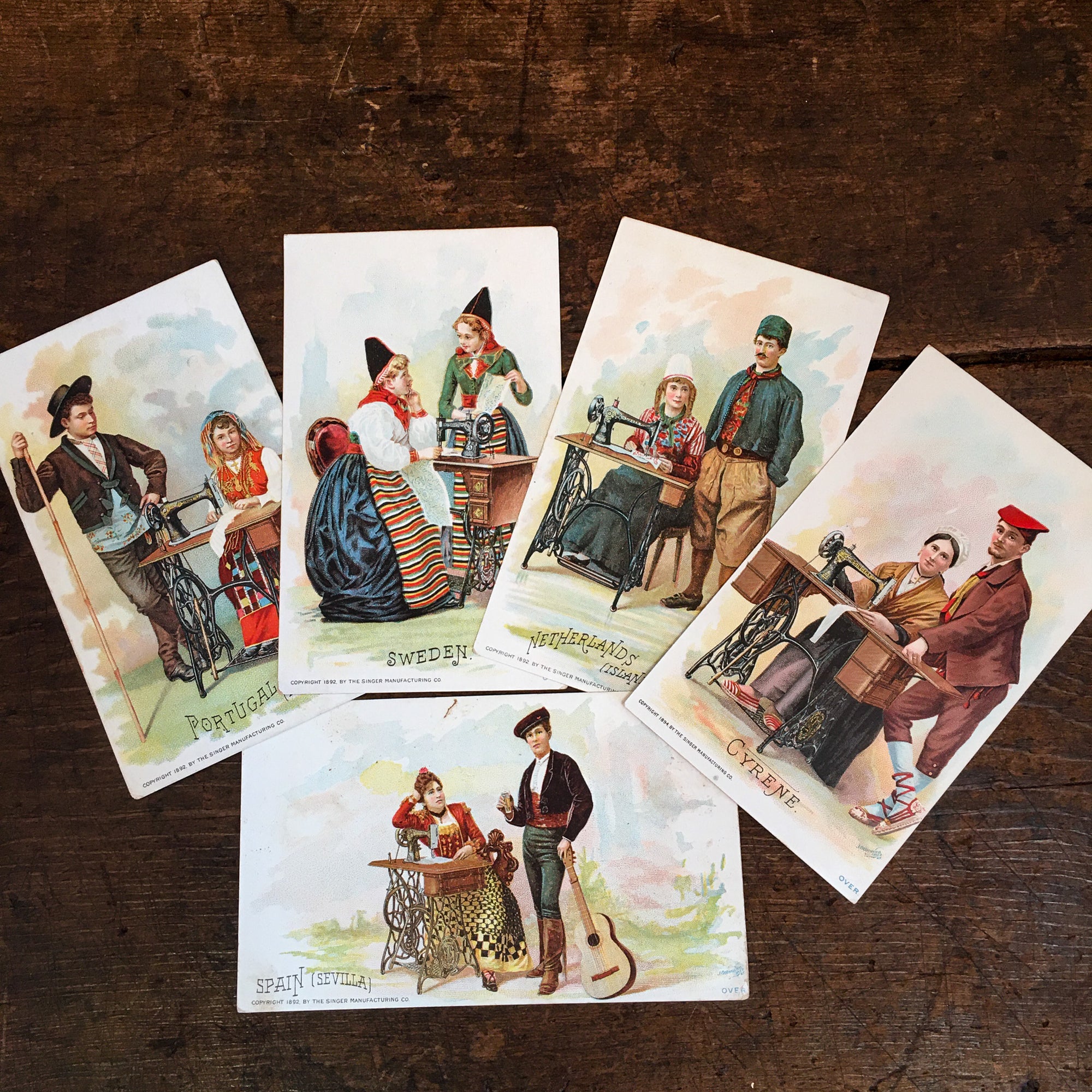 Set of 5 Singer Sewing Machine Lithograph Trade Cards