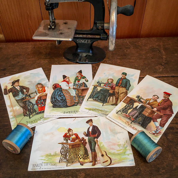 Set of 5 Singer Sewing Machine Lithograph Trade Cards - Day Trip Treasures