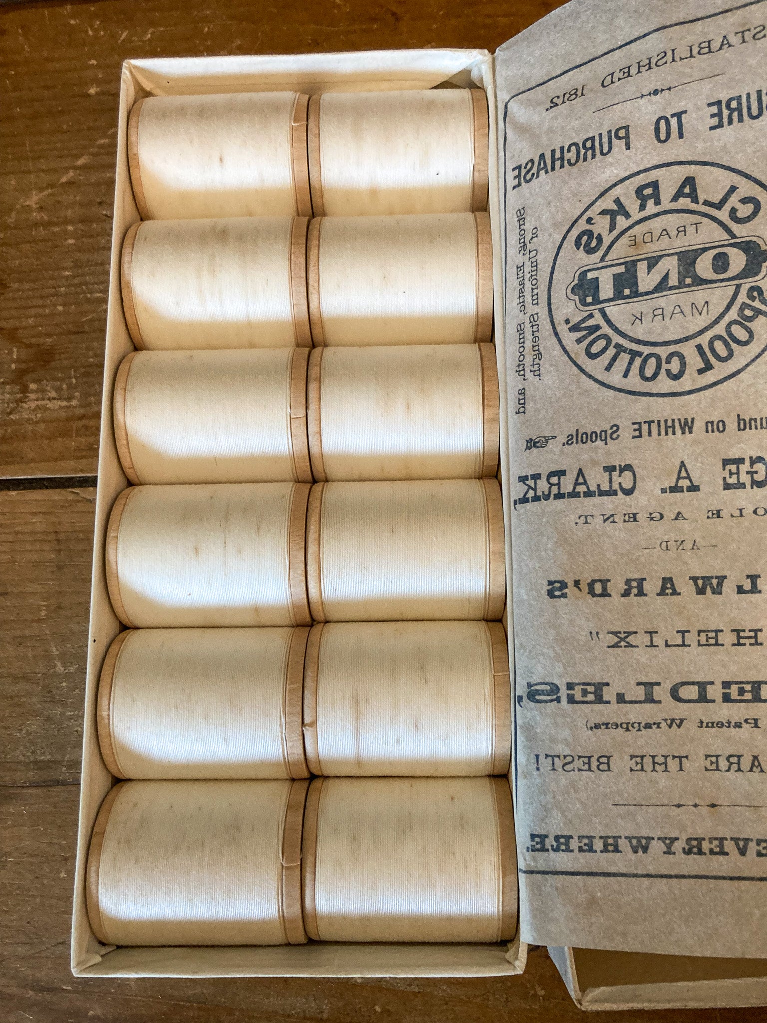 Clark’s O.N.T. White Thread, New Old Stock in Original Box – Large Spools, Large Box!