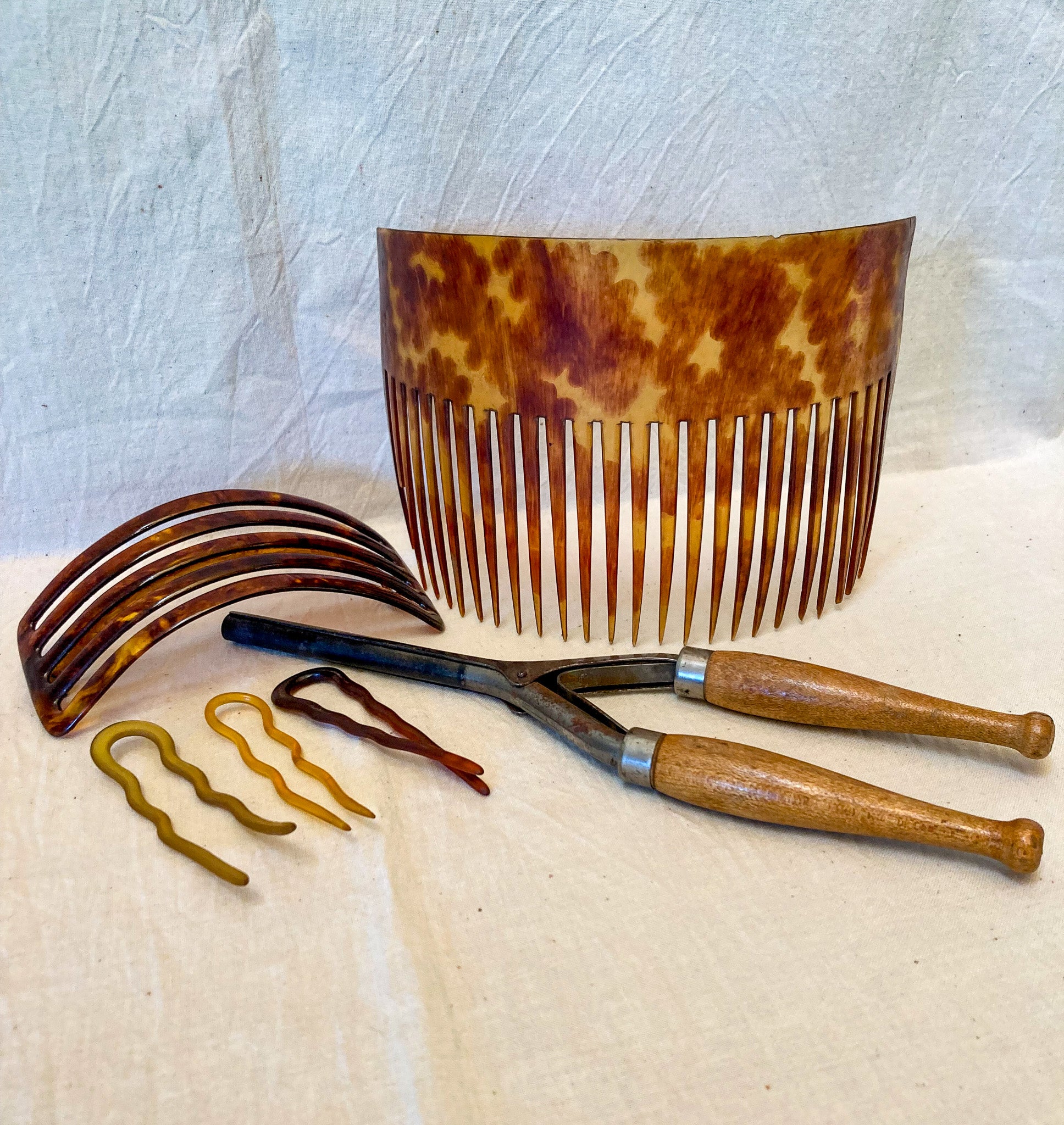 Victorian Hair Accessories!  Huge Faux Tortoise Shell Comb, Large Faux Tortoise Shell Barrette, Set of 3 Celluloid Hair Pins, Curling Iron with Wooden Handles
