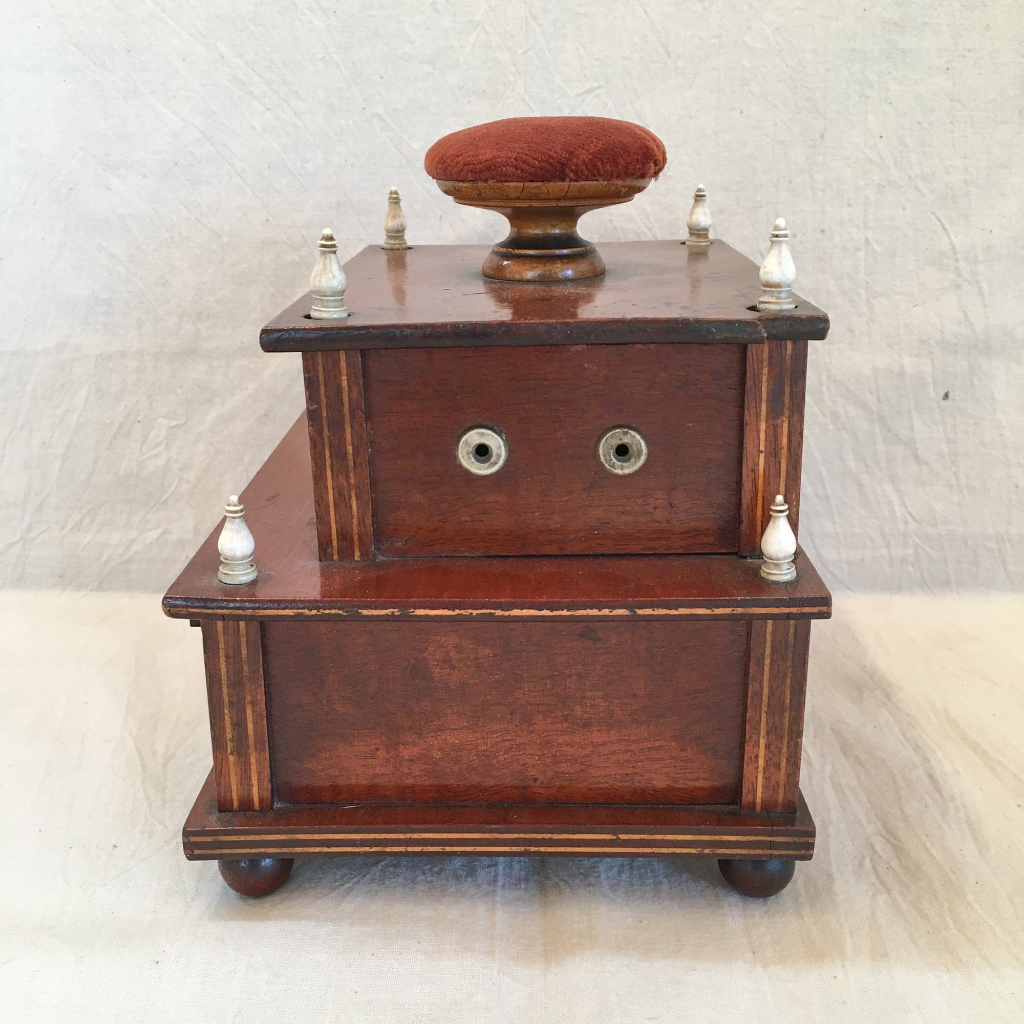 Antique 2 Tier Sewing Box with Slide-Out Tilting Mirror