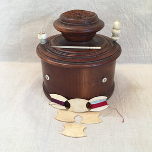 19th Century Thread Box with Original Pin Cushion, Carved Bone Handles and Eyelets