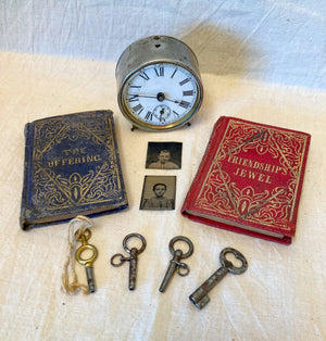 Lot of Tiny Oddities!  1894 Waterbury Clock, 2 1850’s Miniature Books, 2 1870’s Tintypes of Boy and Girl, 4 Tiny Keys