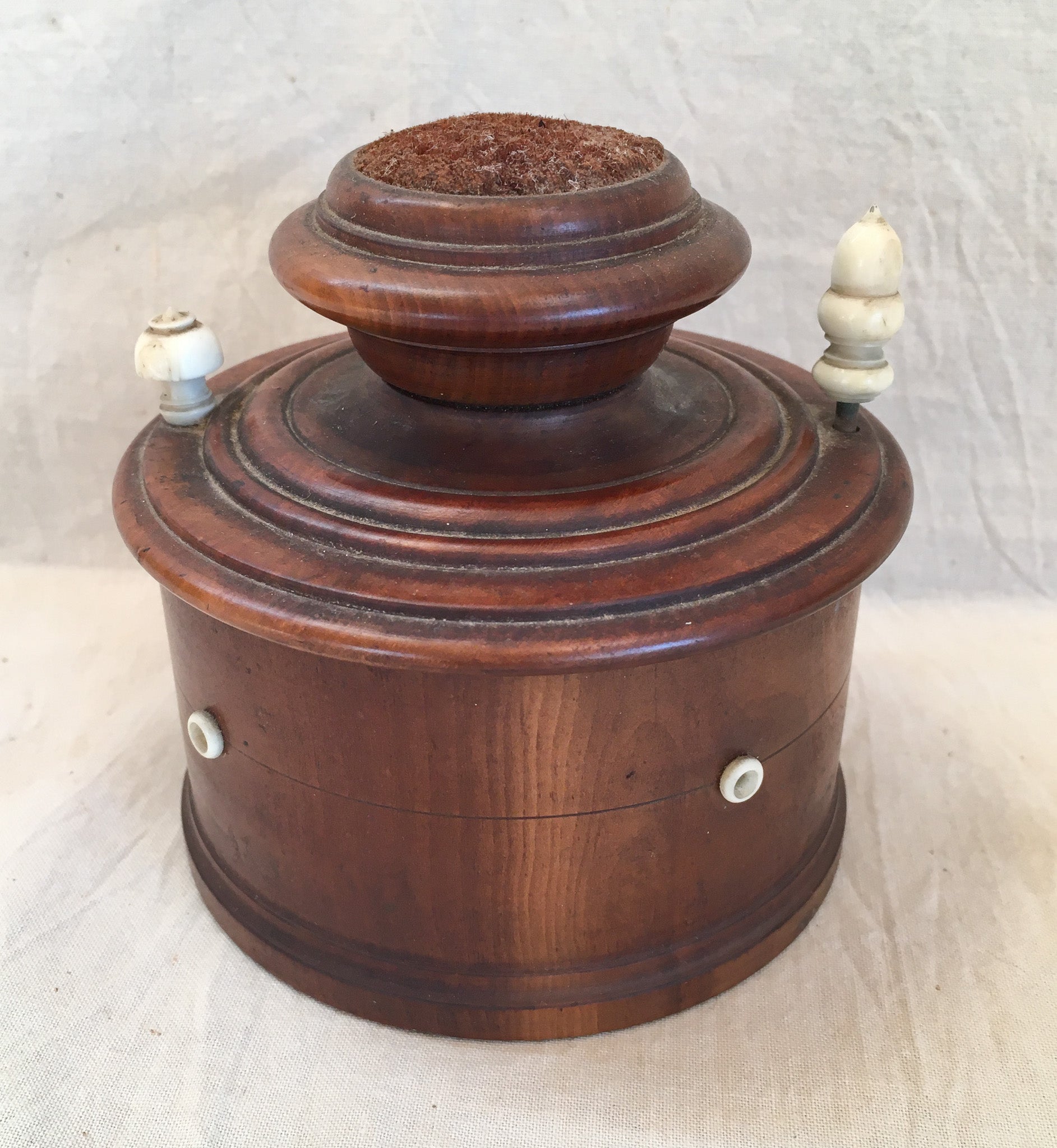 19th Century Thread Box with Original Pin Cushion, Carved Bone Handles and Eyelets