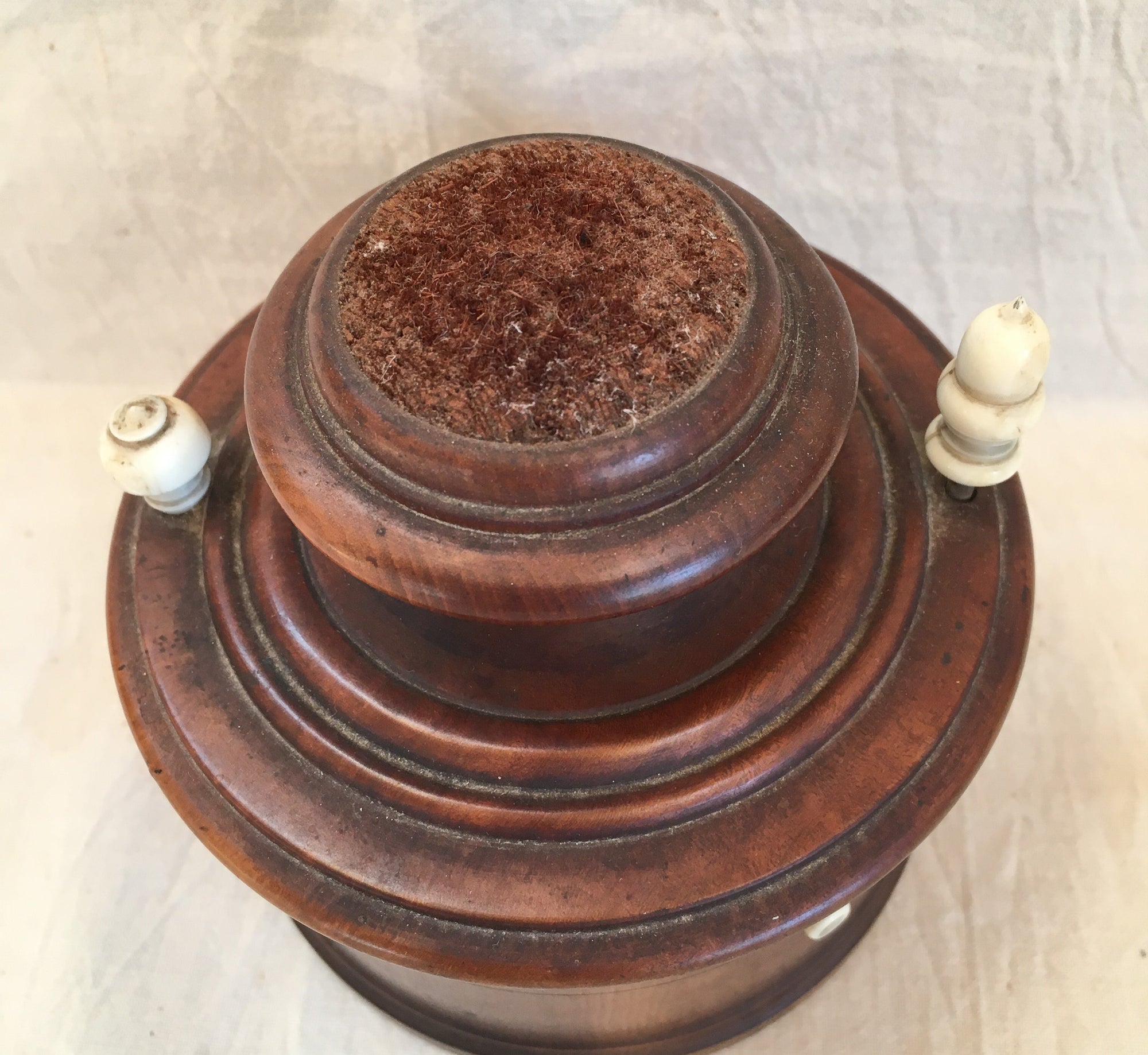 19th Century Thread Box with Original Pin Cushion, Carved Bone Handles and Eyelets