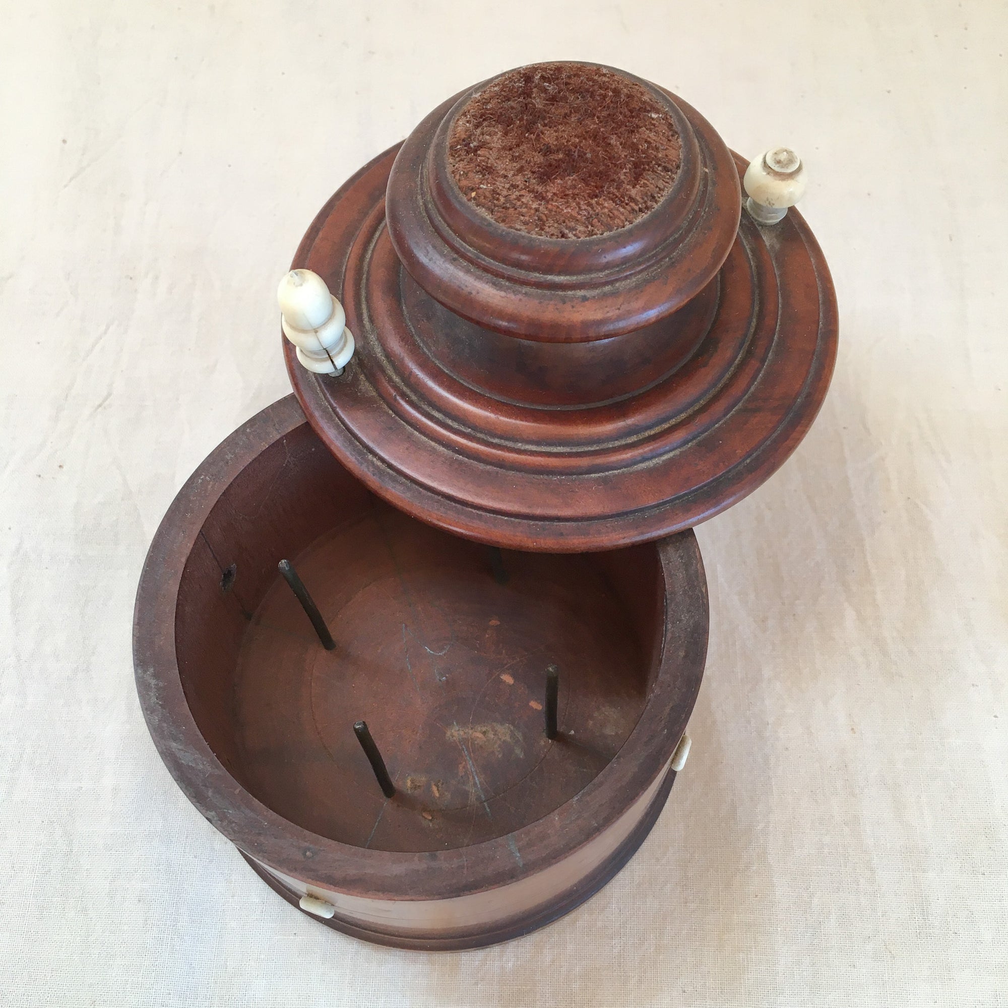 19th Century Thread Box with Original Pin Cushion, Carved Bone Handles and Eyelets