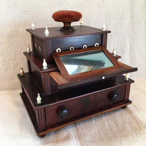 Antique Burled Mahagony 3 Tier Sewing Box with Slide-Out Tilting Mirror