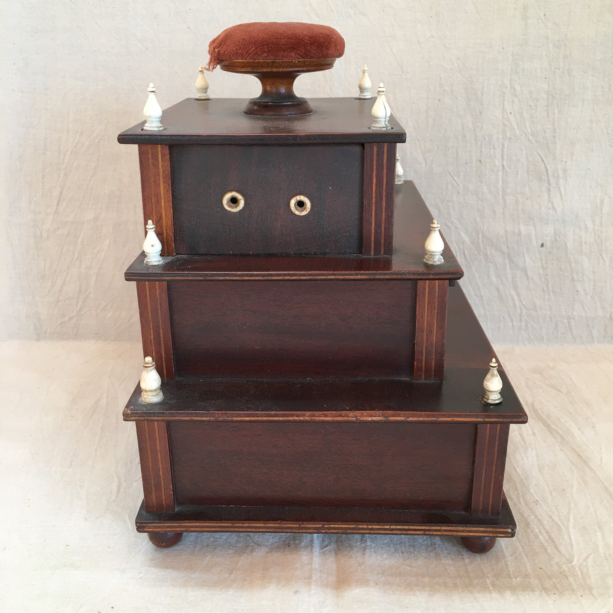 Antique Burled Mahagony 3 Tier Sewing Box with Slide-Out Tilting Mirror