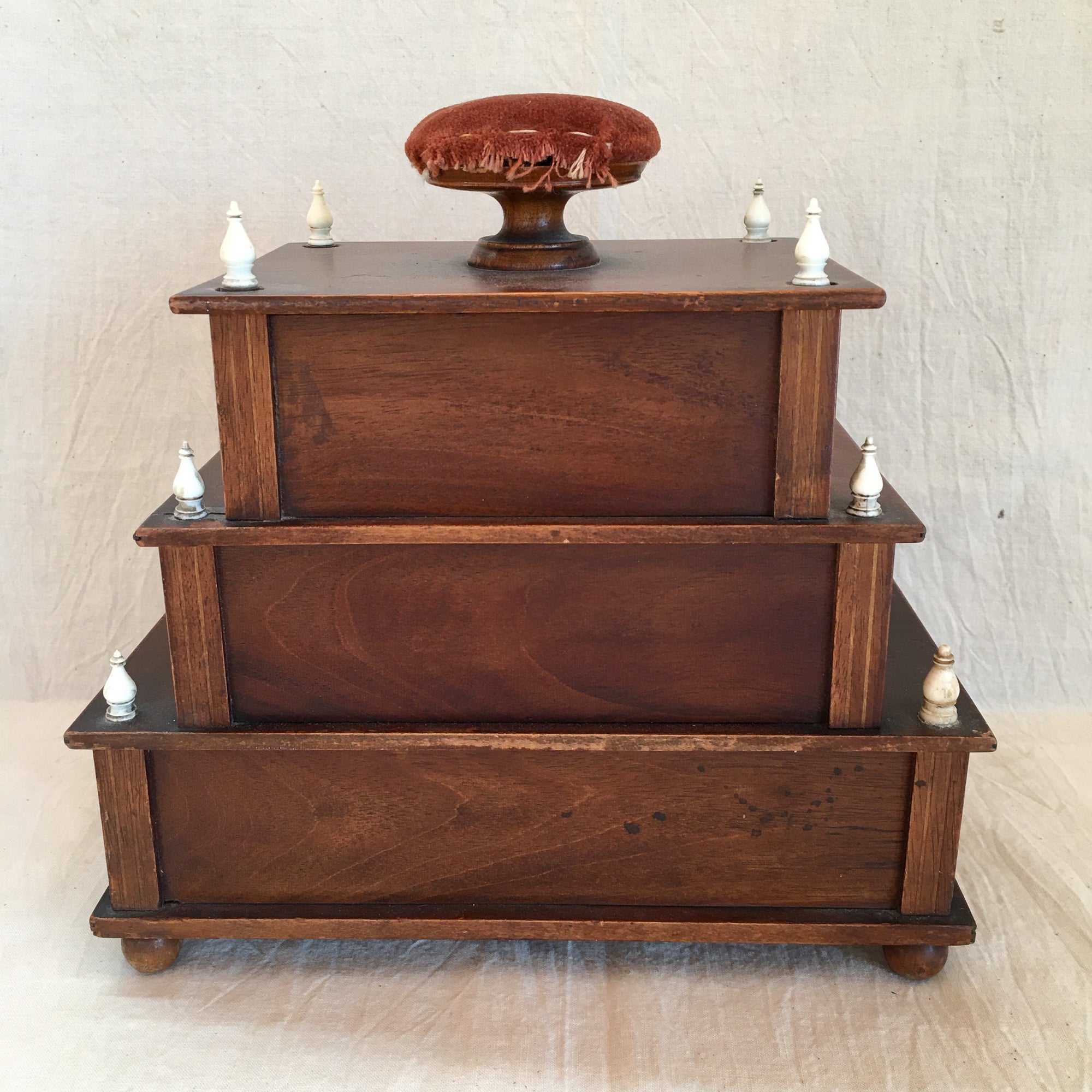 Antique Burled Mahagony 3 Tier Sewing Box with Slide-Out Tilting Mirror