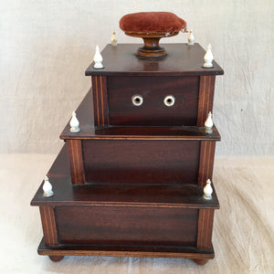 Antique Burled Mahagony 3 Tier Sewing Box with Slide-Out Tilting Mirror