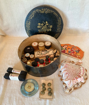 Antique Wood Sewing Box with Contents from Various Eras