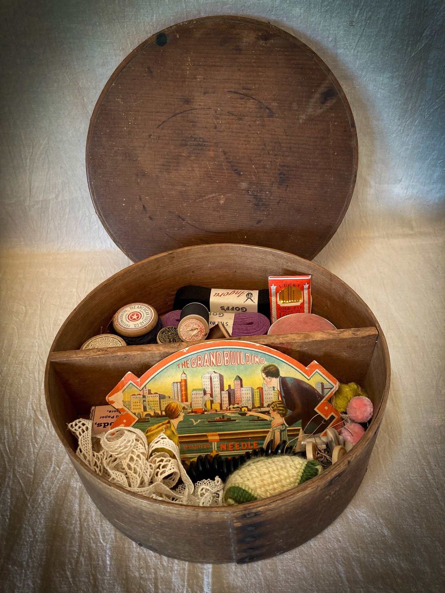 Antique Wood Sewing Box, with Center Divider and Contents from Various Eras