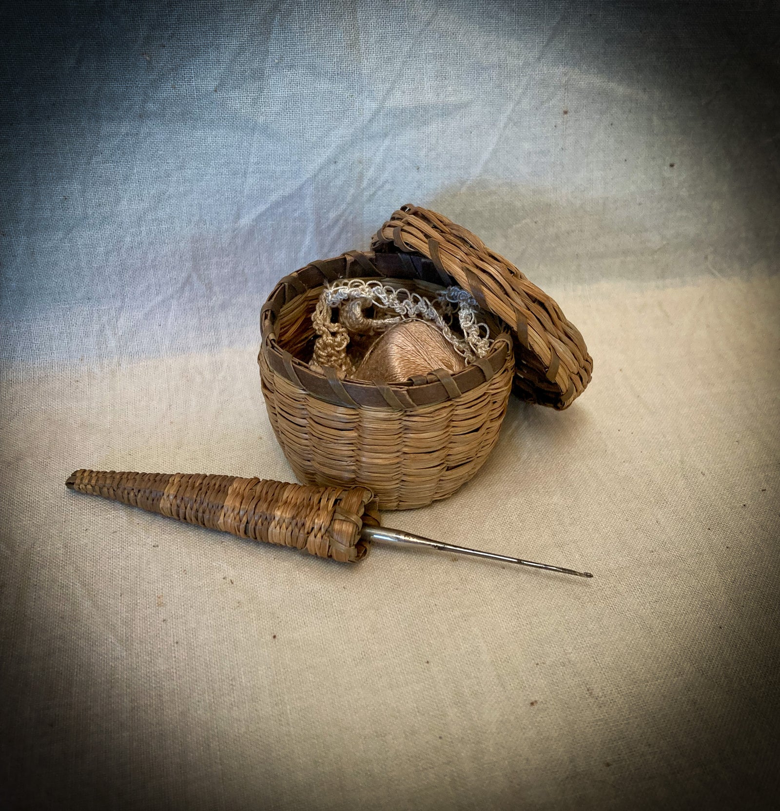 1910’s Tiny Woven Sweet Grass Basket and Crochet Hook Holder with Contents
