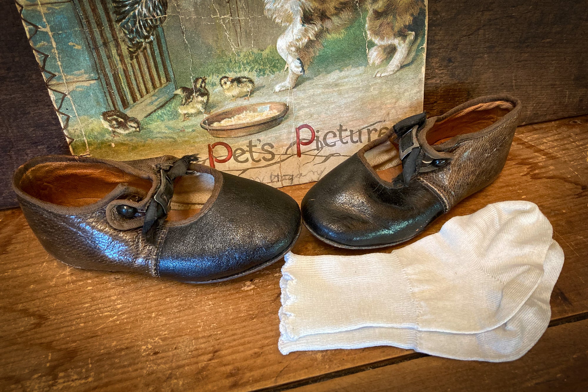 Early 1900’s Leather Baby Shoes with Socks, Buttons and Buckles!