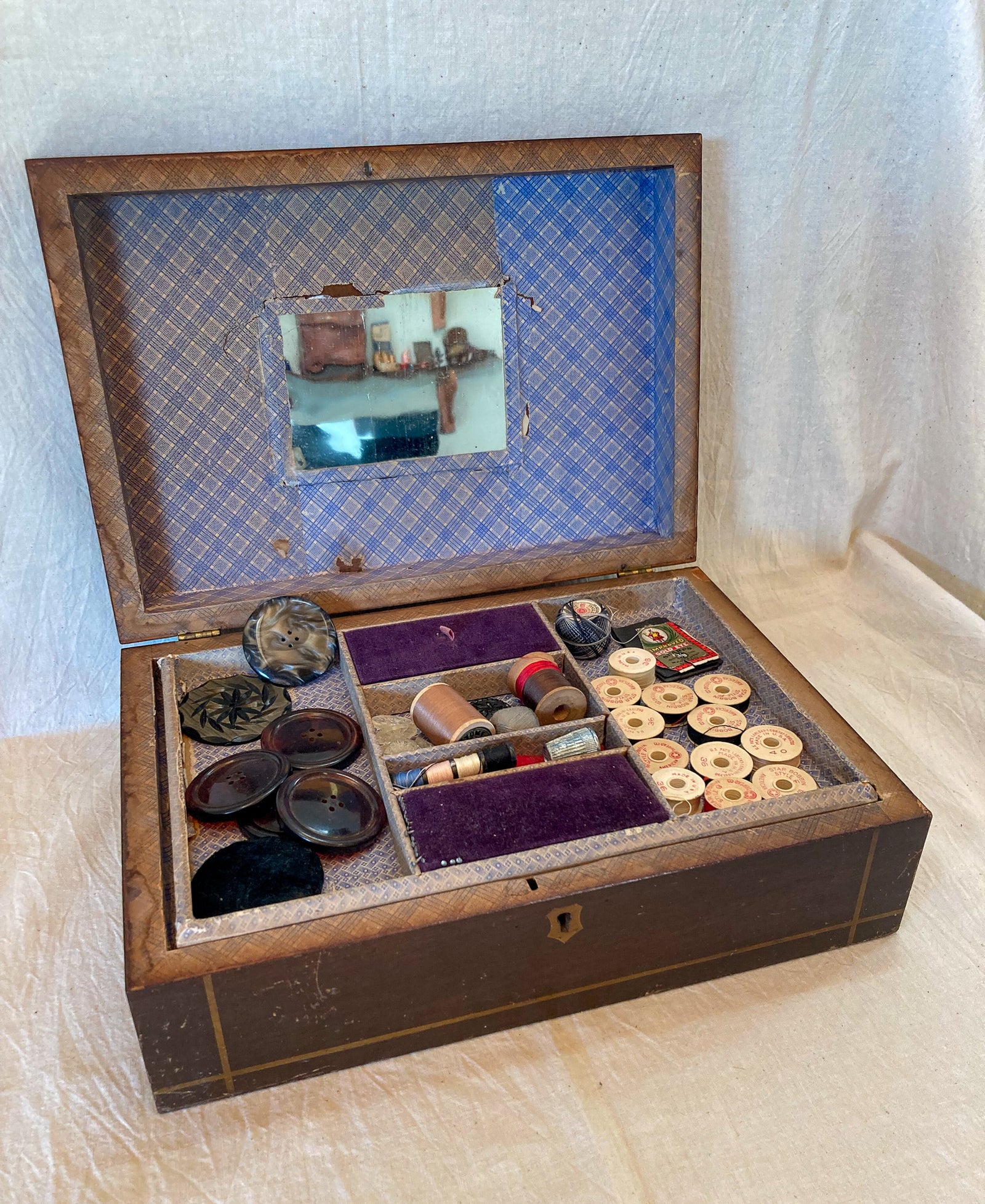Turn of the Century Sewing Box with Contents from Several Eras