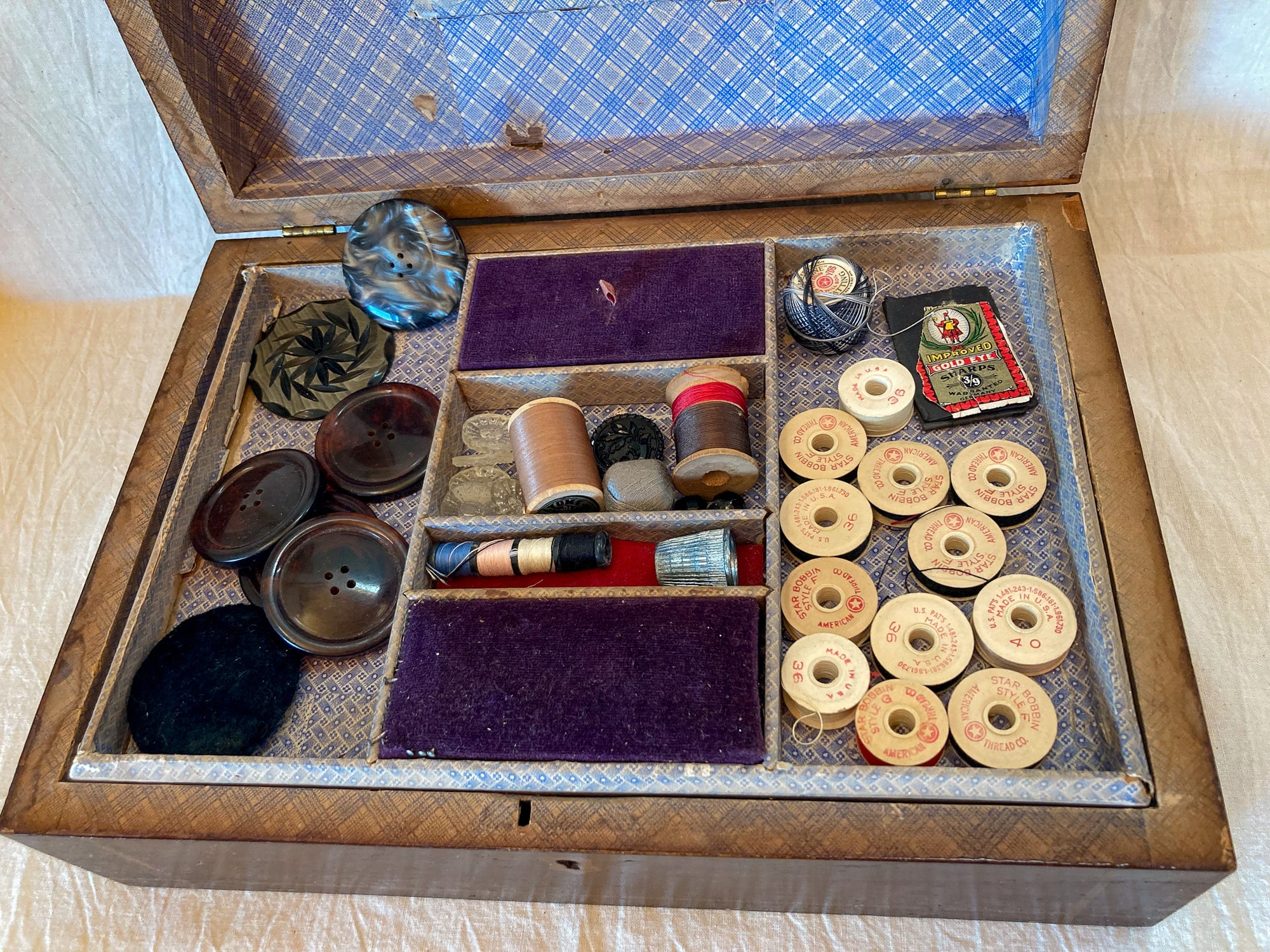 Turn of the Century Sewing Box with Contents from Several Eras