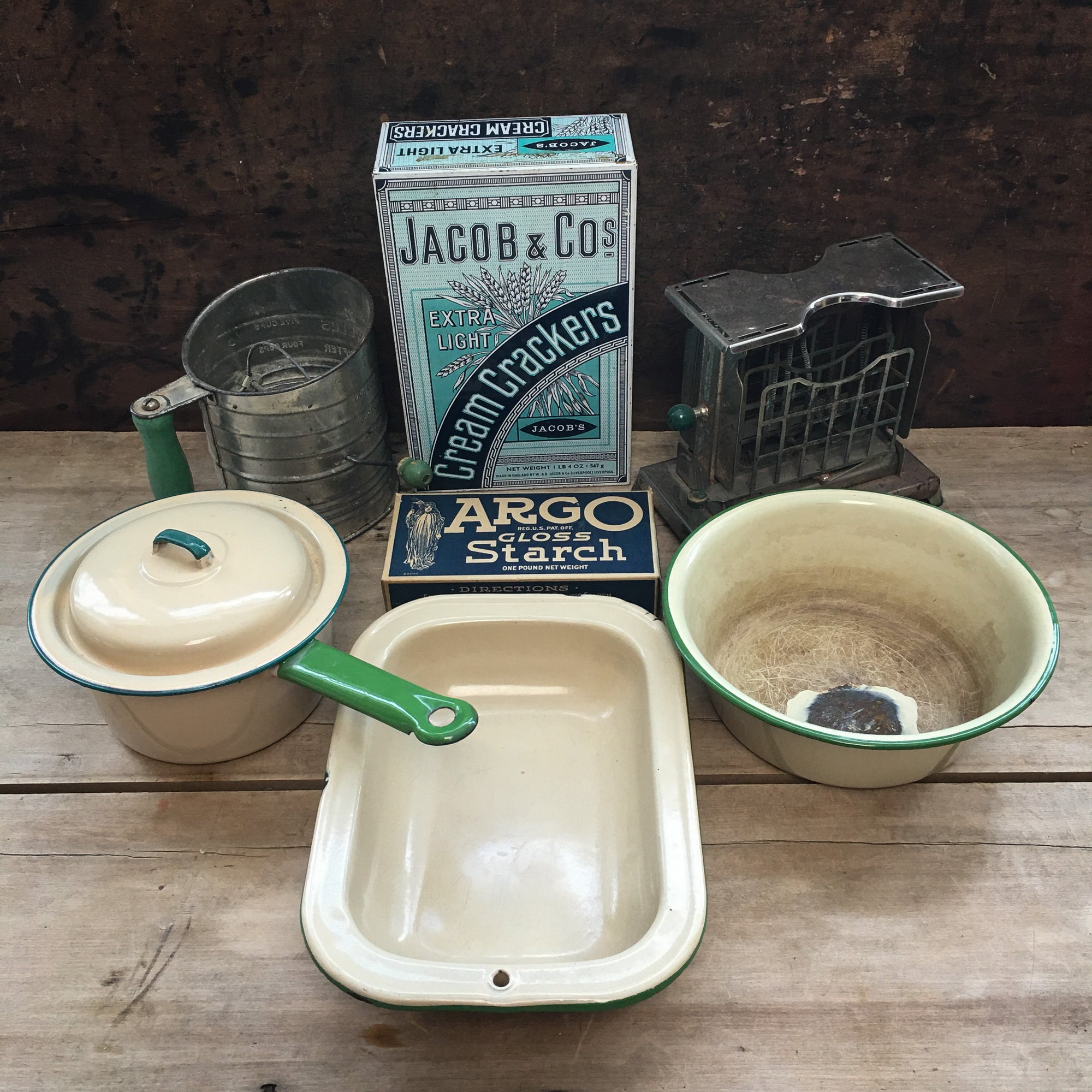 Vintage Cream and Green Kitchenware Lot