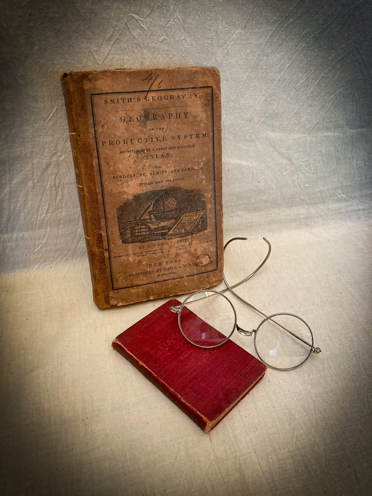 Books and Glasses!  1800’s Wire Rimmed Glasses, Tiny Book “Life of Beethoven”, and 1845 Smith’s Geography Book