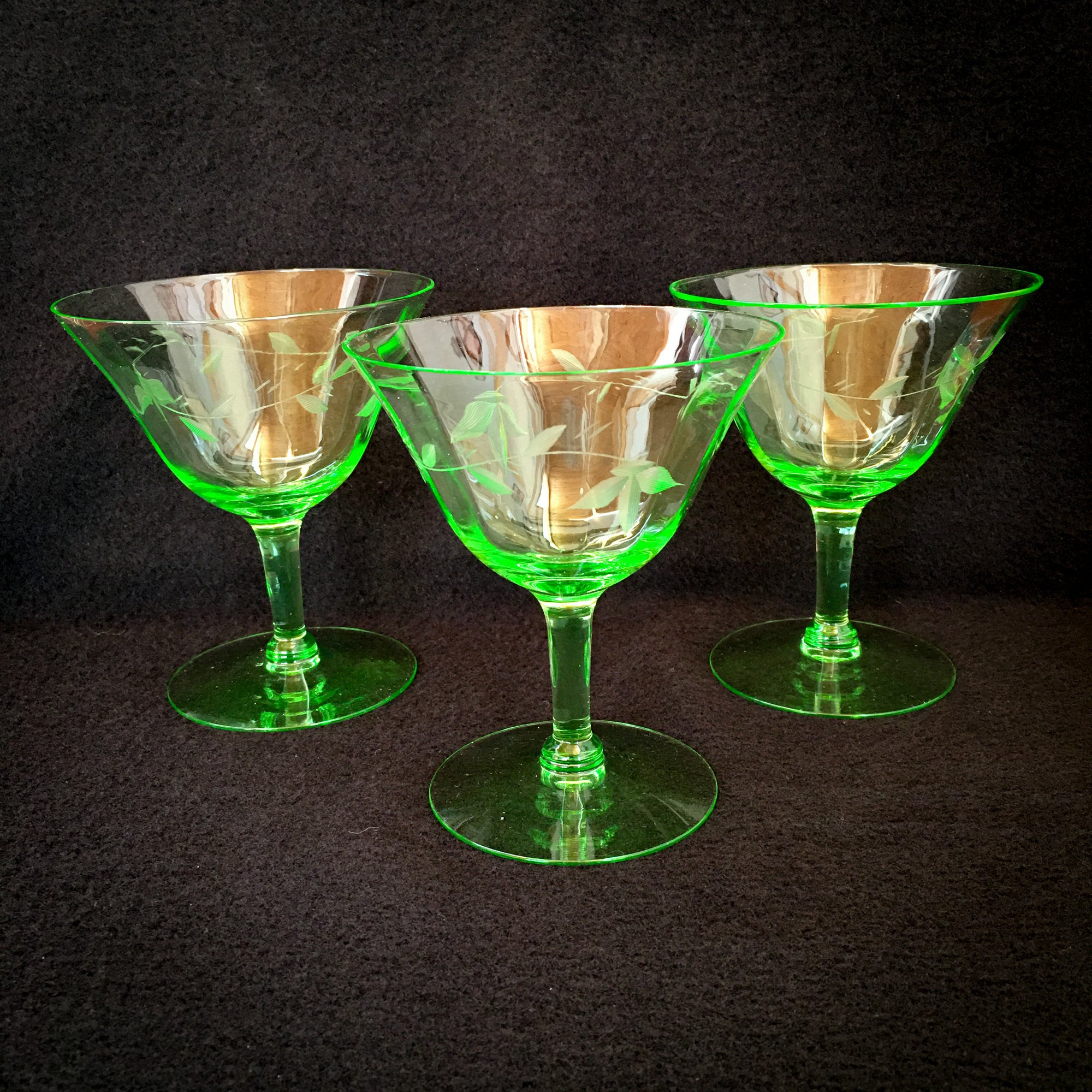 1920's - 1930's Vintage Uranium Glass Cocktail Goblets – Set of 3