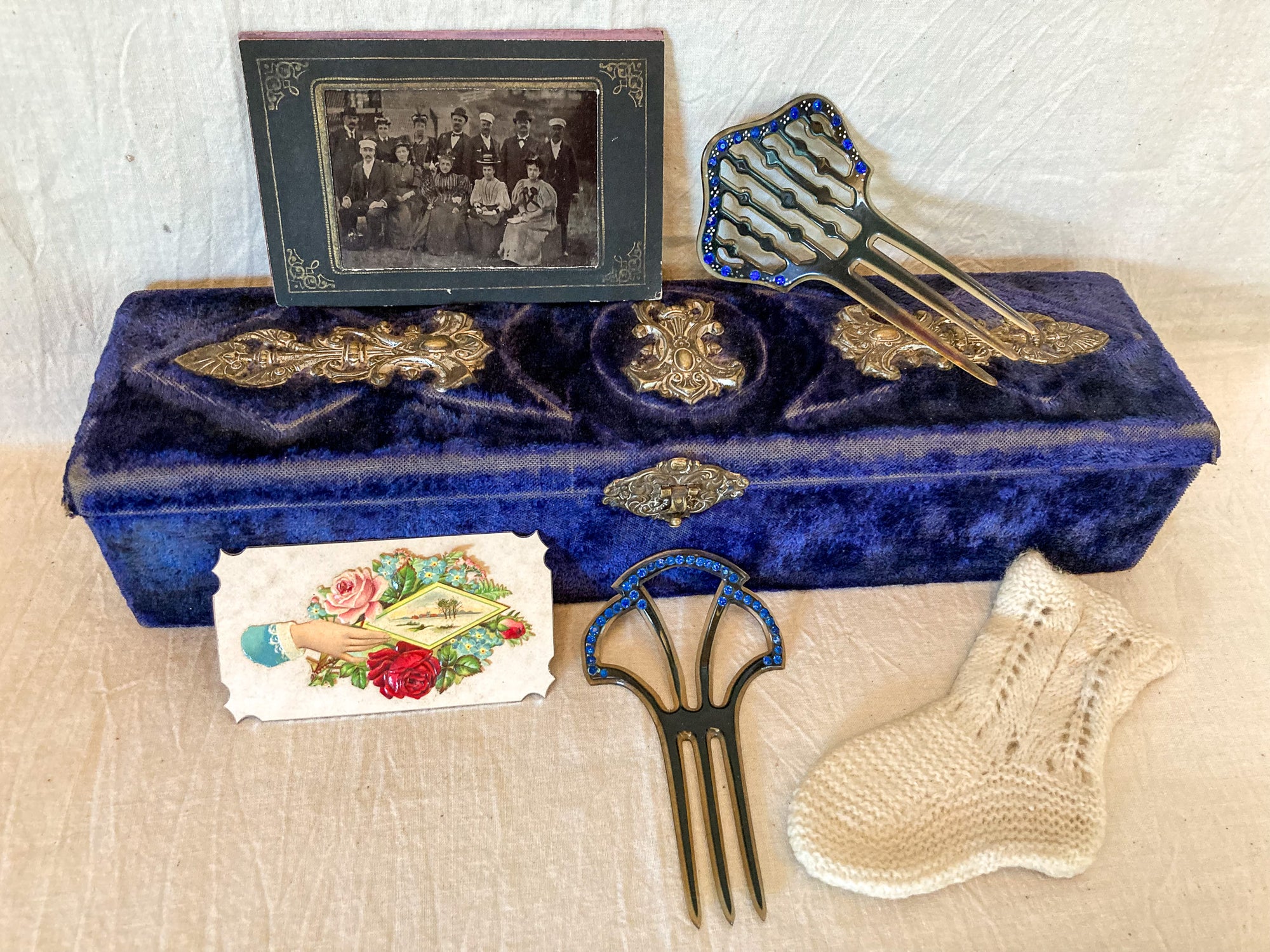 Victorian Velvet Dresser Box with Decorative Metal Embellishments, Includes Contents of Same Era