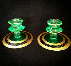 1930's Art Deco Candlestick Holders, Uranium Glass with Gold