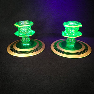 1930's Art Deco Candlestick Holders, Uranium Glass with Gold