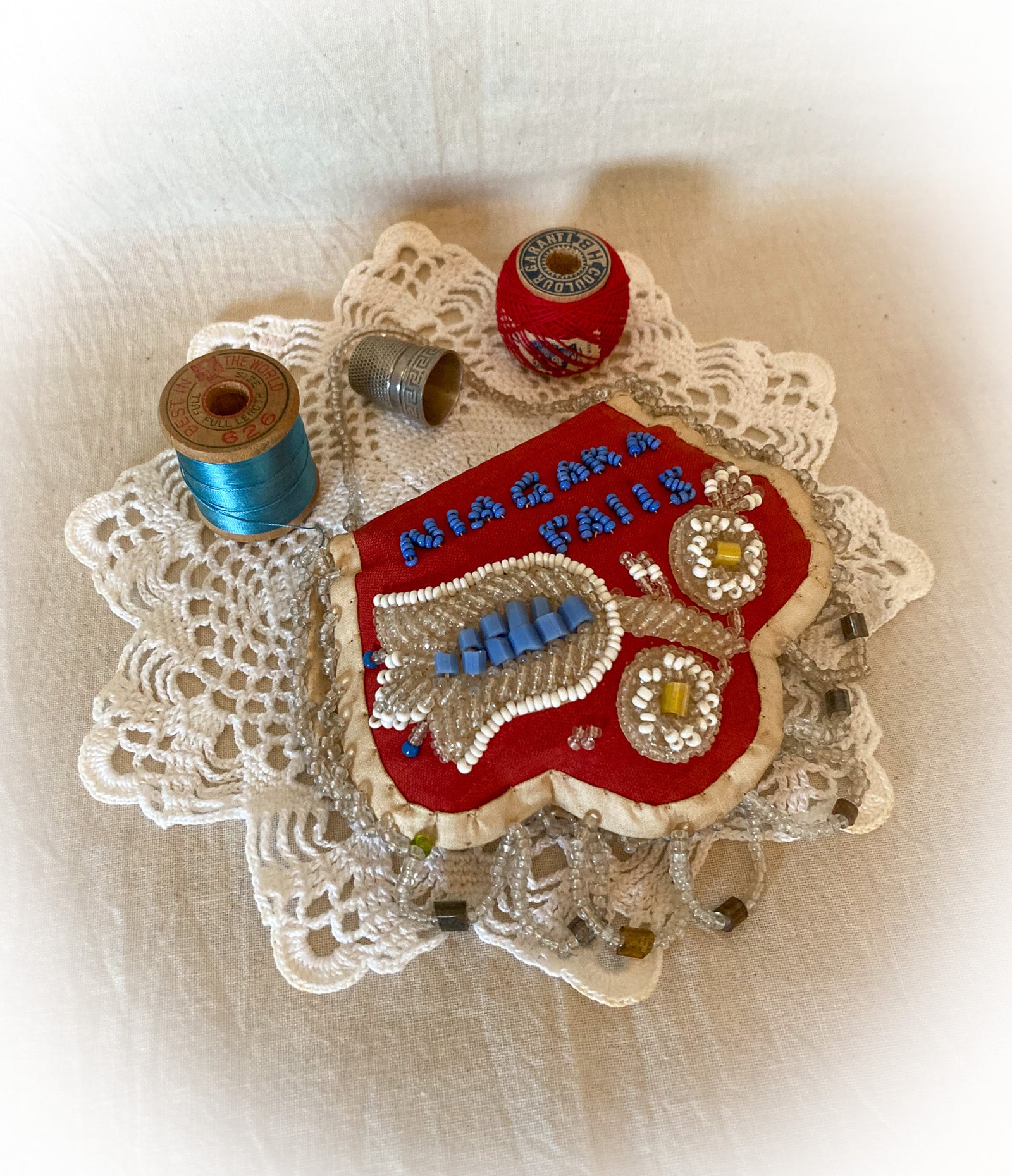 1890’s – 1910’s Beaded Pin Cushion, Needle Book, Whimsy “Niagara Falls”