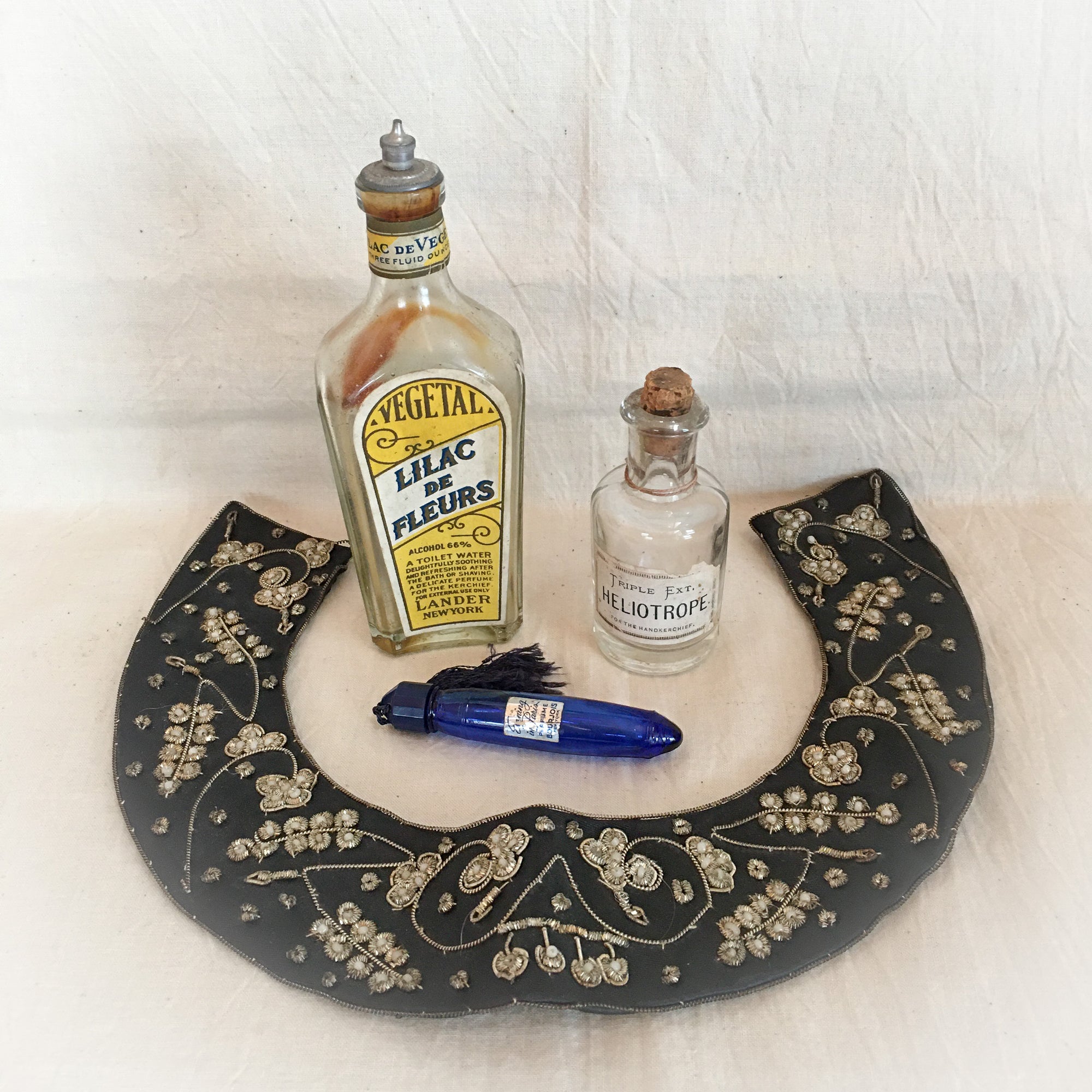 Antique Perfume Bottles and Embroidered Collar Lot (Late 19th to Mid 20th Century)