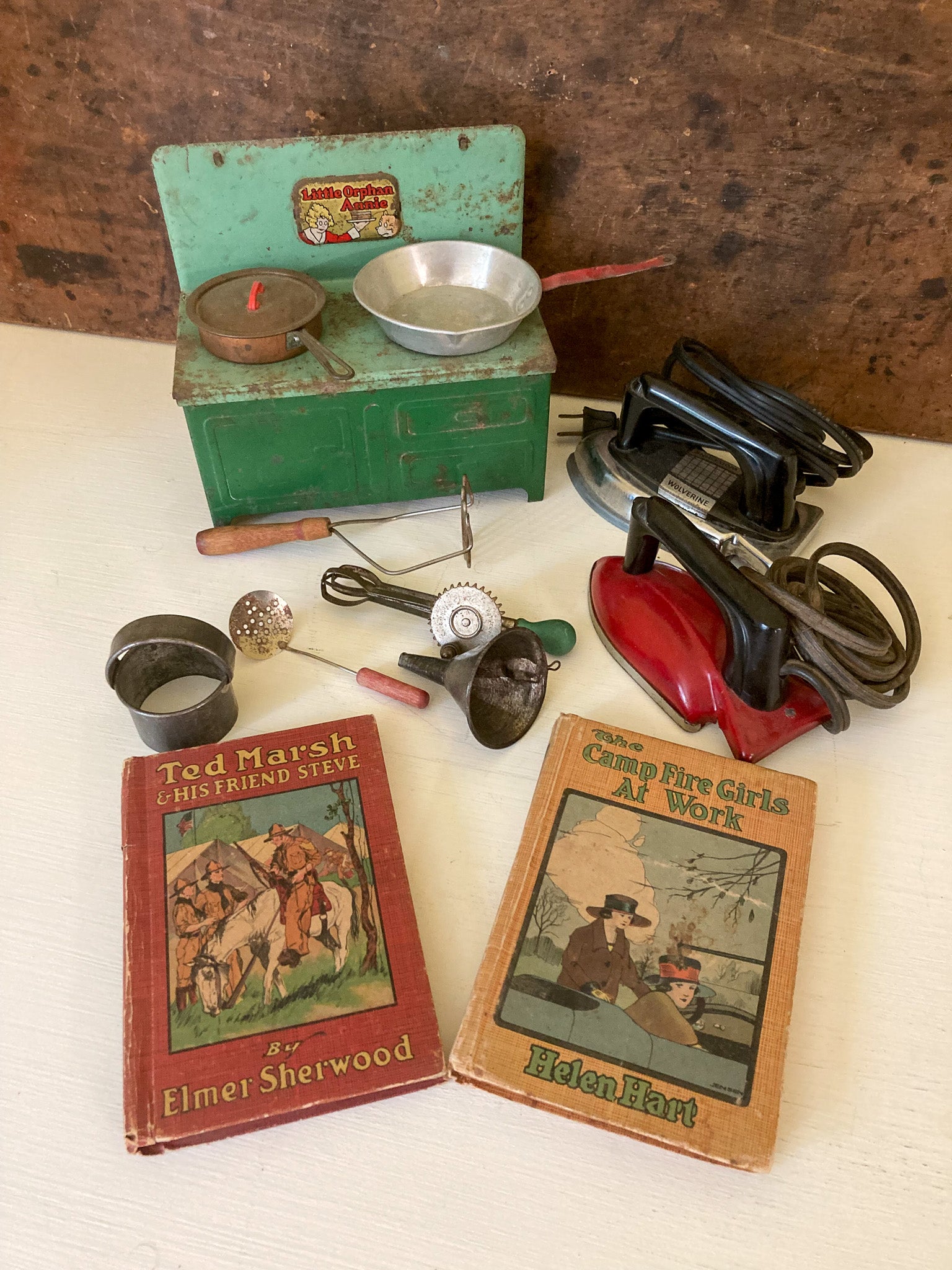 Clearing the Shelves!  Vintage Toys, Orphan Annie Stove, Vintage Toy Kitchen  Items, 2 Toy Irons, 2 Vintage Books