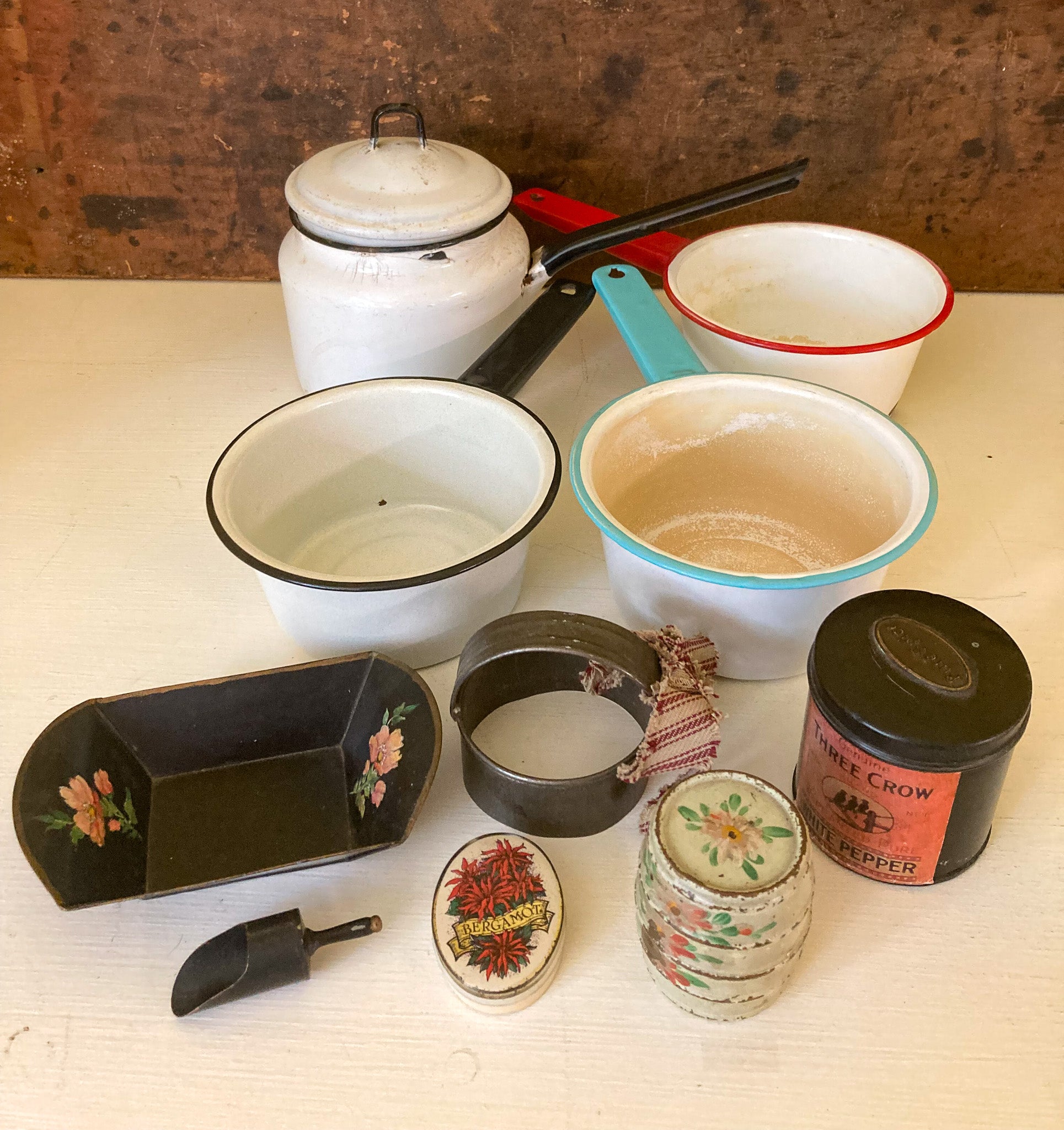 Clearing the Shelves!  Vintage Enamelware Pots, Biscuit Cutter, Nut or Candy Dish with Scoop, 2 Reproduction Tins, Antique Barrel Shaped Bank