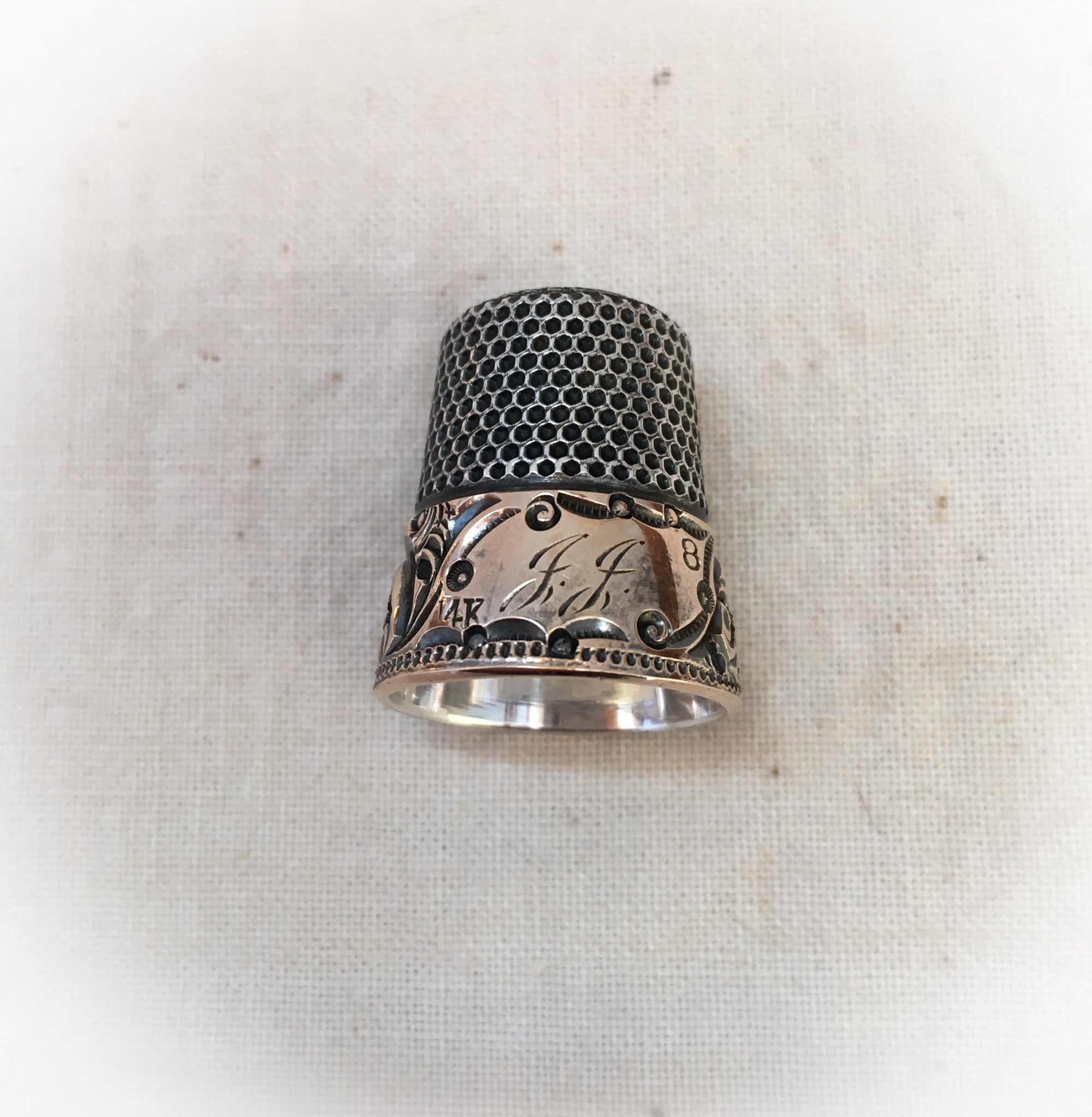 Late 1800s - early 1900s Ketchum & McDougall Thimble, Sterling Silver and 14k Gold