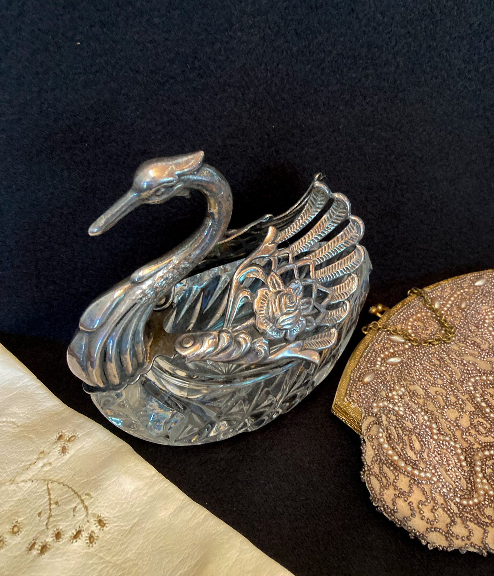 1910’s Crystal and Silver Plate Swan Salt Cellar
